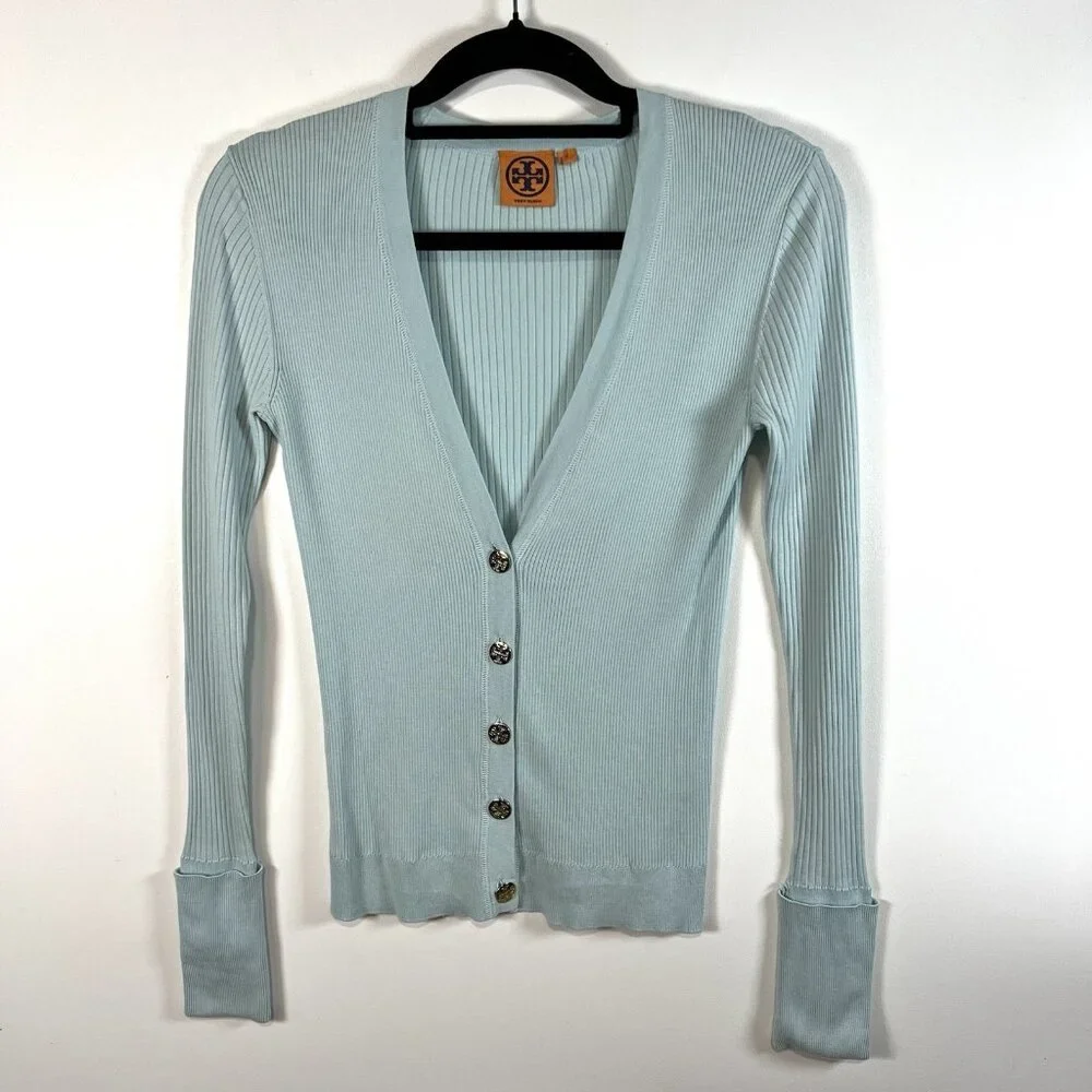 Tory Burch Cotton Long‎ Sleeve Cardigan Gold Button Sweater Sz Small Blue Luxury